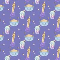 Seamless pattern cozy movie watching, with pizza, popcorn vector