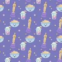 Seamless pattern cozy movie watching, with pizza, popcorn vector