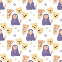 Seamless pattern cozy movie watching, with pizza, popcorn vector