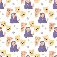 Seamless pattern cozy movie watching, with pizza, popcorn vector