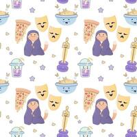 Seamless pattern cozy movie watching, with pizza, popcorn vector