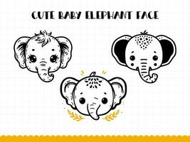 Cute elephant face in simple doodle style set. Vector illustration.