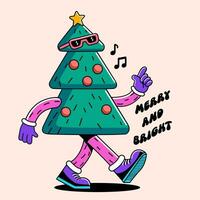 Groovy hippie Christmas. Christmas tree with quote Merry and bright in trendy retro cartoon style. Vector illustration.