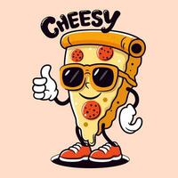 Groovy slice of pizza, funny character vector illustration. Vector illustration.