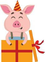 A cute little cartoon pig holding a colorful gift vector or color illustration