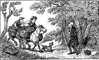 Dr. Syntax tied with a rope and two horseback village women approach with a barking dog vintage engraving. vector