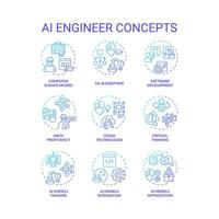 Set of 2D gradient thin line icons representing AI engineer, isolated vector, linear illustration. vector