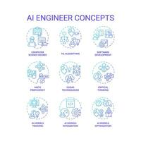 Set of 2D gradient thin line icons representing AI engineer, isolated vector, linear illustration. vector