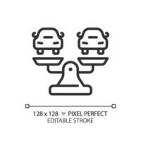 2D pixel perfect customizable black cars on weight scale icon, isolated vector, thin line illustration representing comparisons. vector