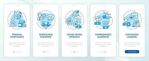 2D icons representing mindful entrepreneurship mobile app screen set. Walkthrough 5 steps blue graphic instructions with linear icons concept, UI, UX, GUI template. vector