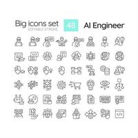 2D editable black big thin line icons set representing AI engineer, isolated vector, linear illustration. vector