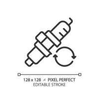 2D pixel perfect editable black car spark plug icon, isolated vector, thin line simple illustration representing car service and repair. vector