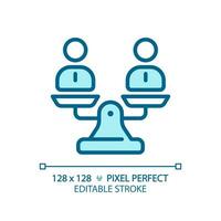 2D pixel perfect editable blue people on weight scale icon, isolated vector, thin line illustration representing comparisons. vector