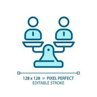 2D pixel perfect editable blue people on weight scale icon, isolated vector, thin line illustration representing comparisons. vector