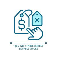 2D pixel perfect editable blue hand choosing label icon, isolated vector, thin line illustration representing comparisons. vector