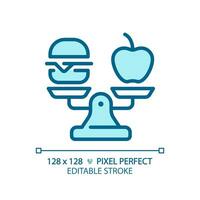 2D pixel perfect editable blue food on weight scale icon, isolated vector, thin line illustration representing comparisons. vector