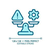 2D pixel perfect editable blue warning and gear on weight scale icon, isolated vector, thin line illustration representing comparisons. vector