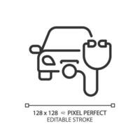 2D pixel perfect editable black car health icon, isolated vector, thin line simple illustration representing car service and repair. vector