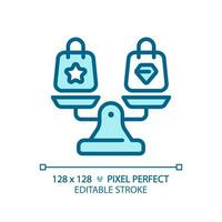 2D pixel perfect editable blue shopping bags on weight scale icon, isolated vector, thin line illustration representing comparisons. vector