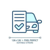 2D pixel perfect editable blue car insurance icon, isolated vector, thin line illustration representing car service and repair. vector