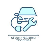 2D pixel perfect editable blue electric car charging icon, isolated vector, thin line illustration representing car service and repair. vector