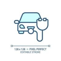 2D pixel perfect editable blue car health icon, isolated vector, thin line illustration representing car service and repair. vector