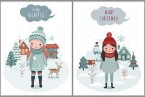 conjunto invierno tarjetas, marco con chicas, scandi casas, arboles concepto Navidad y nuevo año. invierno ornamento póster vector