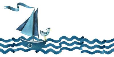 mar barcos con cinta bandera y Gaviota flotante en un agua. acuarela ilustración mano dibujado en un resumen infantil estilo. sin costura frontera en un blanco antecedentes vector