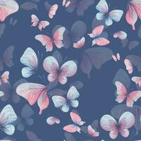mariposas son rosa, azul, lila, volador, delicado con alas y salpicaduras de pintar. mano dibujado acuarela ilustración. sin costura modelo en un azul fondo, para diseño. vector