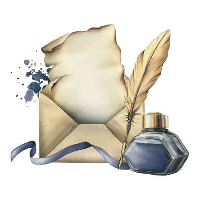 Writing supplies papyrus paper, craft envelope, gold feather, ink in a glass jar, ribbon and splashes. Hand drawn watercolor illustration. Isolated composition on a white background