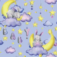 A cute gray stitched bunny lies and sleeps on a yellow moon with clouds, stars, the letters BABY hanging on ropes with bows. Watercolor illustration, hand drawn. Seamless pattern on a blue background. vector