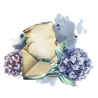 Writing supplies papyrus paper in craft envelope with a hydrangea flowers, ink spots and splashes. Hand drawn watercolor illustration. Isolated composition on a white background vector