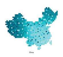 Vector isolated geometric illustration with simplified icy blue silhouette of China map. Pixel art style for NFT template. Dotted logo with gradient texture for design on white background