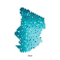 Vector isolated geometric illustration with simplified icy blue silhouette of Chad map. Pixel art style for NFT template. Dotted logo with gradient texture for design on white background
