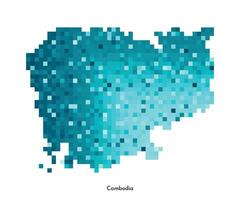 Vector isolated geometric illustration with simplified icy blue silhouette of Cambodia map. Pixel art style for NFT template. Dotted logo with gradient texture for design on white background