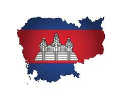 Vector isolated illustration. Official ensign on map of Cambodia. National flag in red, blue colors with white temple complex Angkor Wat