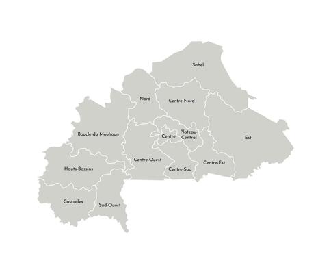 Vector isolated illustration of simplified administrative map of Burkina Faso. Borders and names of the regions. Grey silhouettes. White outline
