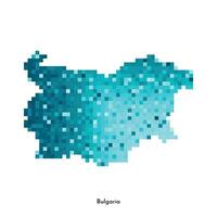 Vector isolated geometric illustration with simplified icy blue silhouette of Bulgaria map. Pixel art style for NFT template. Dotted logo with gradient texture for design on white background