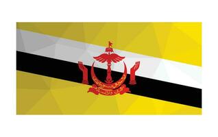 Vector illustration. National flag with emblem of Brunei, yellow background, black and white stripes. Official symbol of Brunei. Creative design in low poly style with triangular shapes