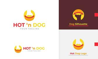 Logo design icon abstract geometric circle hot dog with red sausage brown bun and yellow background vector