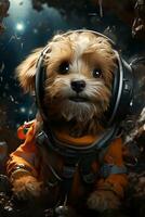 ai generado astronauta perrito dibujos animados fondo de pantalla foto