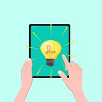 People holding tablets and light bulbs.Concept. Discover ideas vector