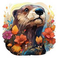 AI generated A digital painting of an otter standing in a field of wildflowers. The otter is looking directly at the viewer, its eyes bright and curious. The wildflowers are in full bloom photo