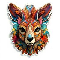 ai generado un vibrante y caprichoso ilustración de un canguro cabeza con un corona de flores y un feroz expresión. el canguro piel es un brillante naranja color con negro rayas, y sus ojos foto