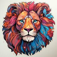 AI generated Digitally painted portrait of a lion head with a rainbow mane on a white background. The lion mane is a mix of red, orange, yellow, green, blue, and indigo. photo