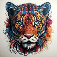 ai generado un vibrante y poderoso ilustración de un jaguar cabeza en un realista estilo. el jaguar piel es un brillante naranja color con negro rayas, y sus ojos son un perforación amarillo. foto