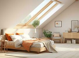 AI generated Bright and airy attic bedroom with a bed, plants, and skylights. The bed is made with a white duvet and pillows, and there is a rug on the floor. The plants are green and thriving photo