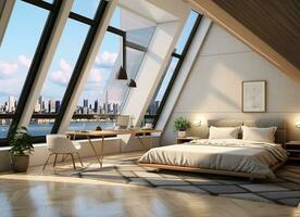 AI generated Serene bedroom with a bed, desk, and windows. The neutral colors and minimalist design create a calming and inviting atmosphere. The bed is made and there is a laptop computer on the desk photo