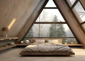 AI generated A cozy bedroom with a triangular ceiling, bed, and large window overlooking a snow-covered forest. The bed is made and there is a blanket on top, inviting the viewer to snuggle photo
