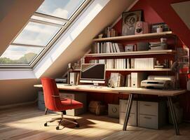 AI generated A wooden computer desk in an attic, with a red chair, bookshelf, and window. The desk is situated in the corner of the attic, with the bookshelf against one wall photo